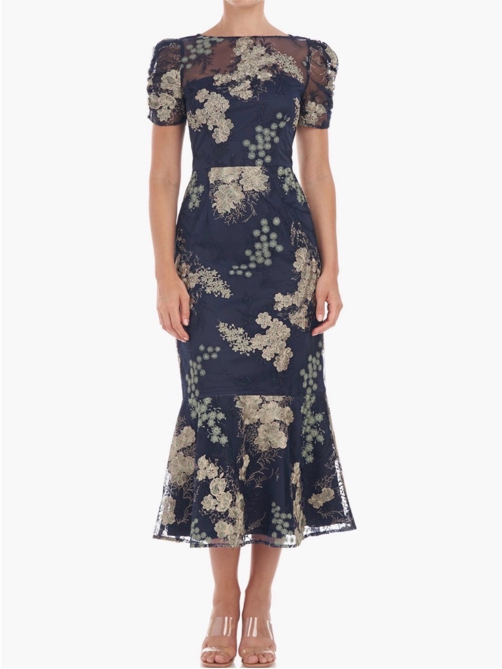 JS Collections Navy and Gold Lace Midi Dress